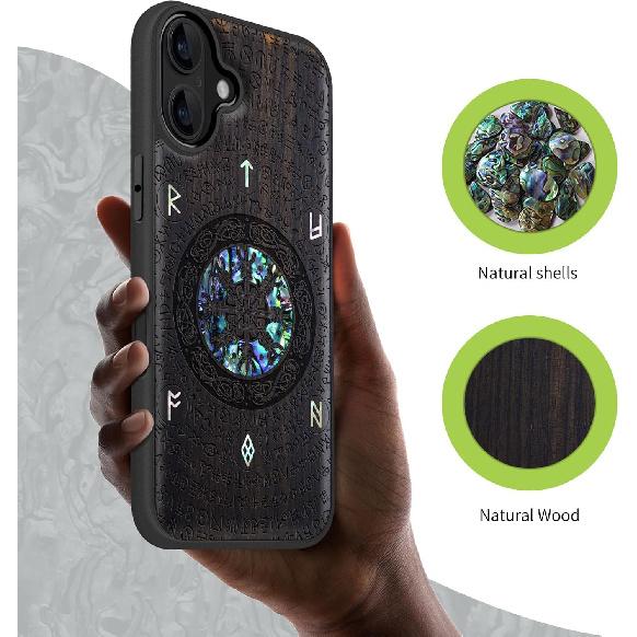 Carveit Magnetic Case for iPhone 16 Plus Case, Wood Artisan Engraved & Handmade Shell Inlaid, TPU Shockproof Cover, Compatible with MagSafe Wireless