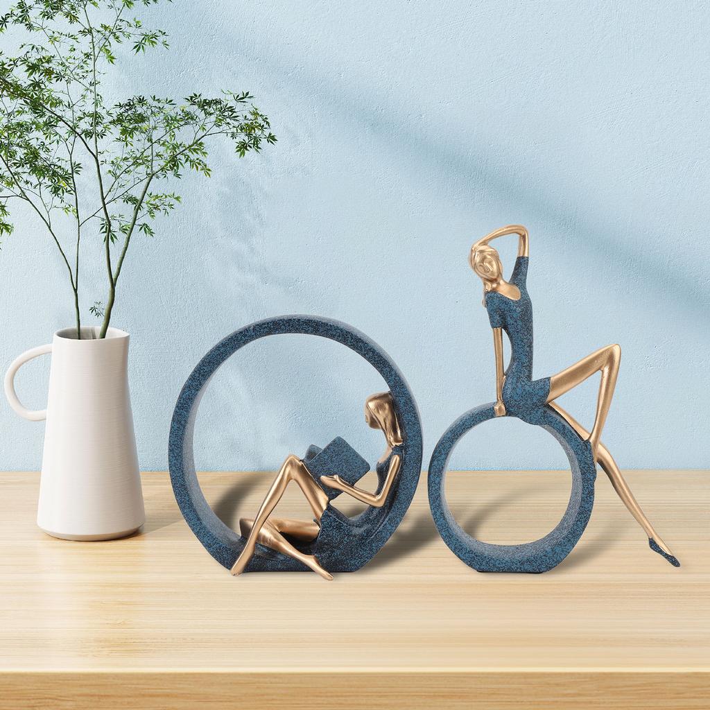 2PCS Resin Figurines Reading A Book Yoga Girl Modern Aesthetic Art Sculptures Bookshelf Bookcase Sta