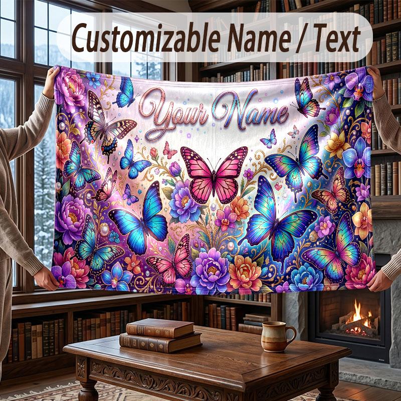 Butterfly Theme Throw Blanket Custom Name Text Personalized Blanket Soft Cozy Blanket for Home Sofa Bed