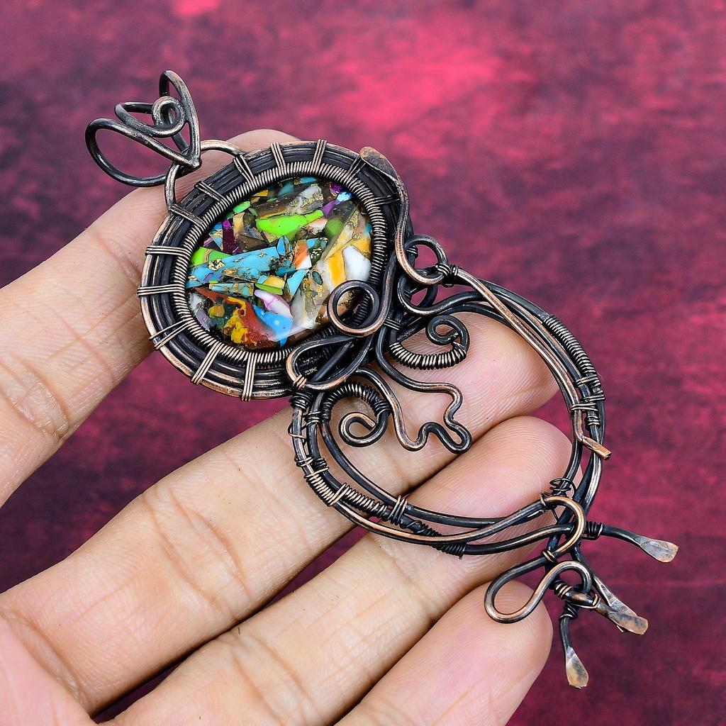 Fiesta Kingman Turquoise Pendant Handmade Copper Wire Wrapped Gemstone Pendant