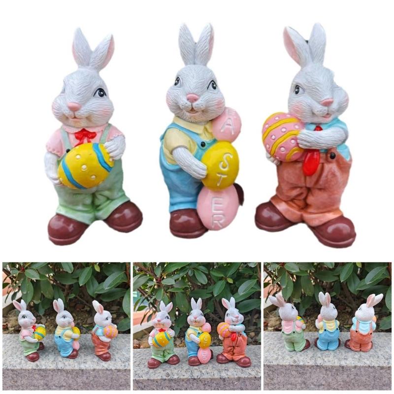 Easters Rabbit Sculpture Colorful Bunnies with Eggs Resins Figurine Statue Ornament for Home and Garden Decoration Gift