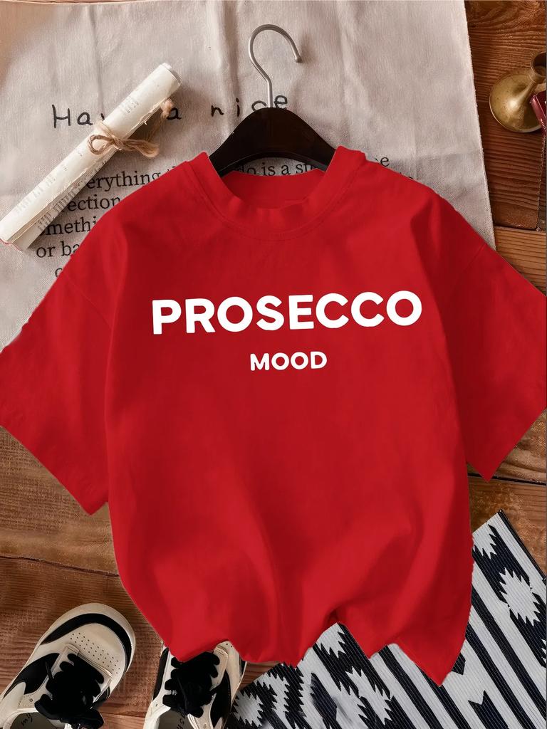 PROSECCO NASTRÓJ Nadruk Casualowy T-shirt z krótkim rękawem i okrągłym dekoltem Poliester Odzież damska Wzór z alfabetami Regularna długość