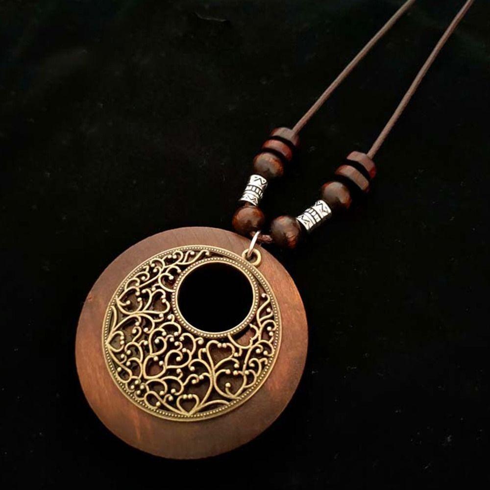 Round Clothing Pendant Retro Ethnic Sweater Necklace Gifts Vintage Leather Lanyard  Women Girls