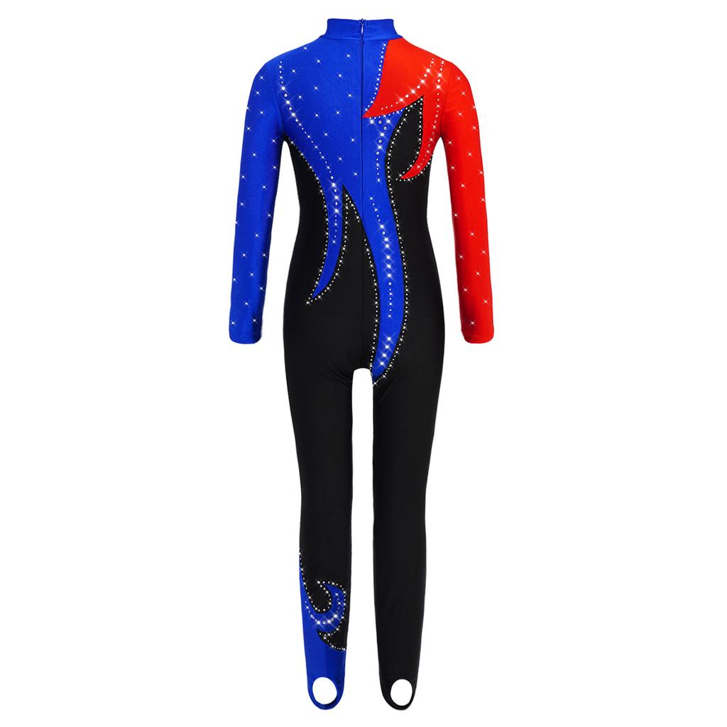 Salopetă de gimnastică pentru fete, cu blocuri de culoare, gât fals, mâneci lungi, body cu strasuri strălucitoare, leotard pentru tot corpul