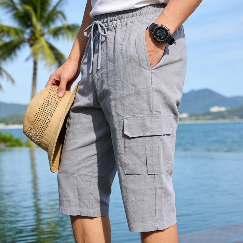 Pantaloni Cargo Capri da Uomo in Misto Lino Bianco con Elastico in Vita