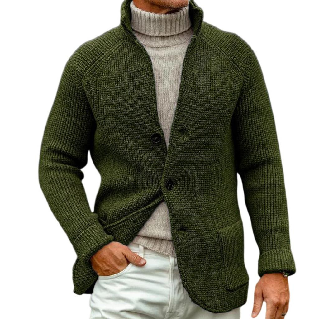 Men's Solid-color Suit Collar Knitted Cardigan Outerwear Casual Sweater