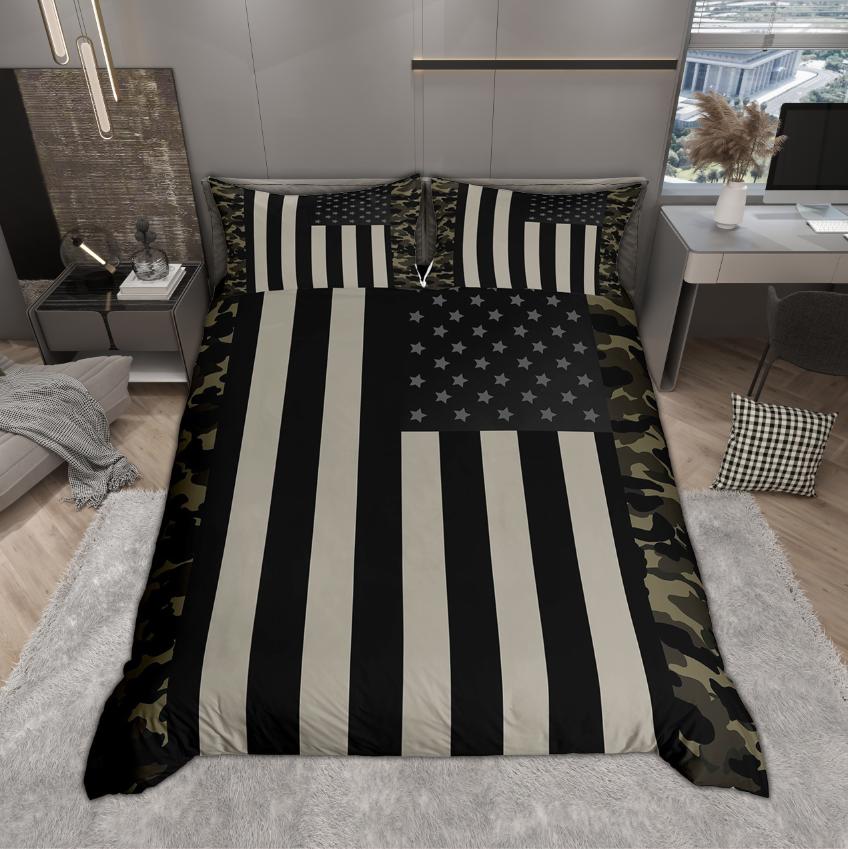 Homewish American Flag Print Duvet Cover Set For Boys Men 2Pcs/3Pcs Geometry Camouflage Bedding Set Reversibal Bed Cover Set