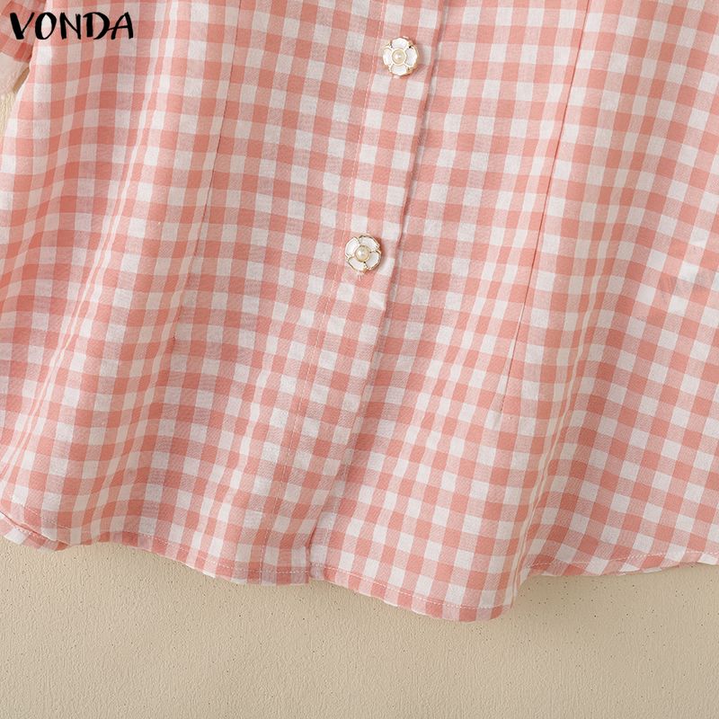 VONDA Topuri casual pentru femei, cu guler rever, mânecă scurtă, cusătură, imprimeu carouri