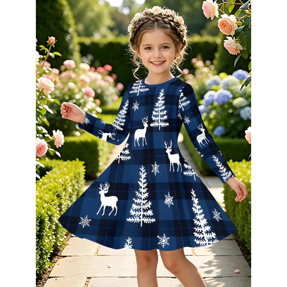 Girls' 3D Plaid Reindeer Dress Long Sleeve Summer Spring Vacation Daily Holiday Princess Beautiful Sweet Kids 4-12 Years Casual Dress A Line Dress