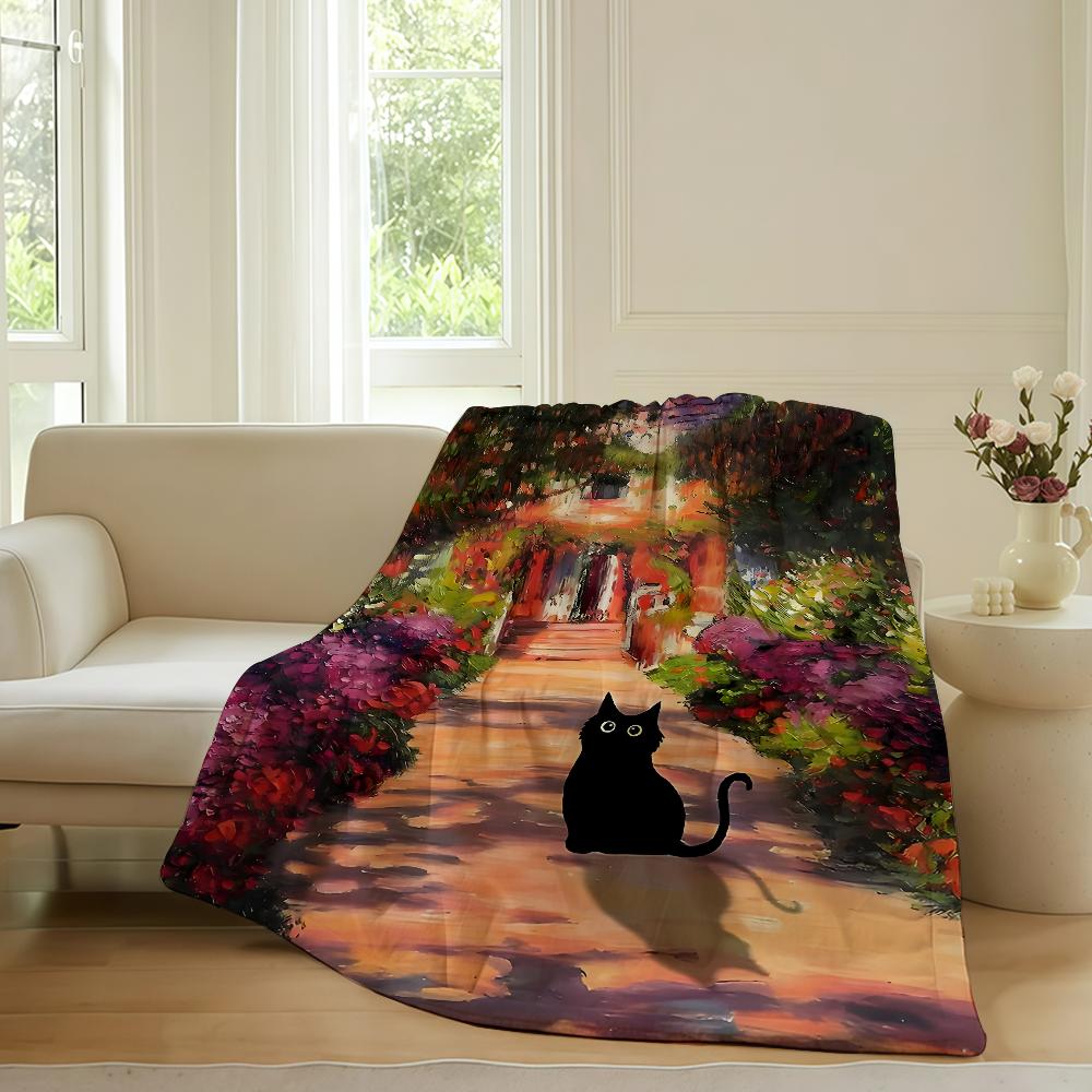 

Black Cat In Flowers Garden Blanket Warm Soft Suitable For Bedroom Sofa Bed Living Room Office Travel Camping Gifts 130x150cm
