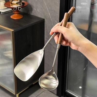 Walnut Handle Kitchen Utensils Stainless Steel Soup Spoon Rice Shovel Long Handle Hot Pot Spoon Soup Spoon Congee Spoon Kitchen