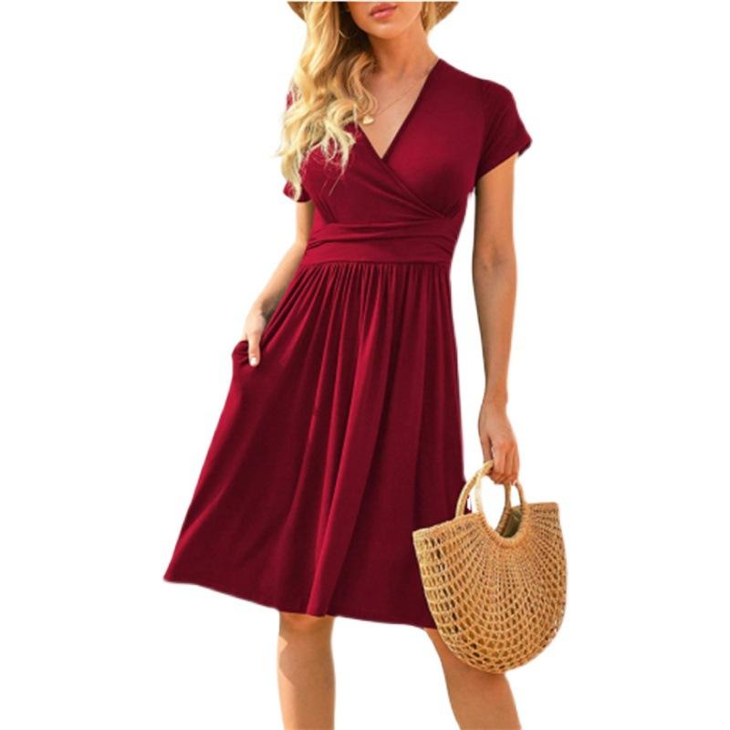 Fashionable New Women's Dress, V-neck Short-sleeved Printed Pockets, Elegant and Versatile