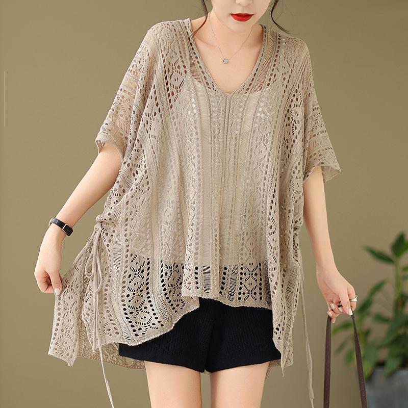 Sheer Crochet Cover Up Tucnic Tops for Women Drawstring Side Openwork Knit Pullover Summer Coverups Boho Beach Vacation Outfit One Size хаки