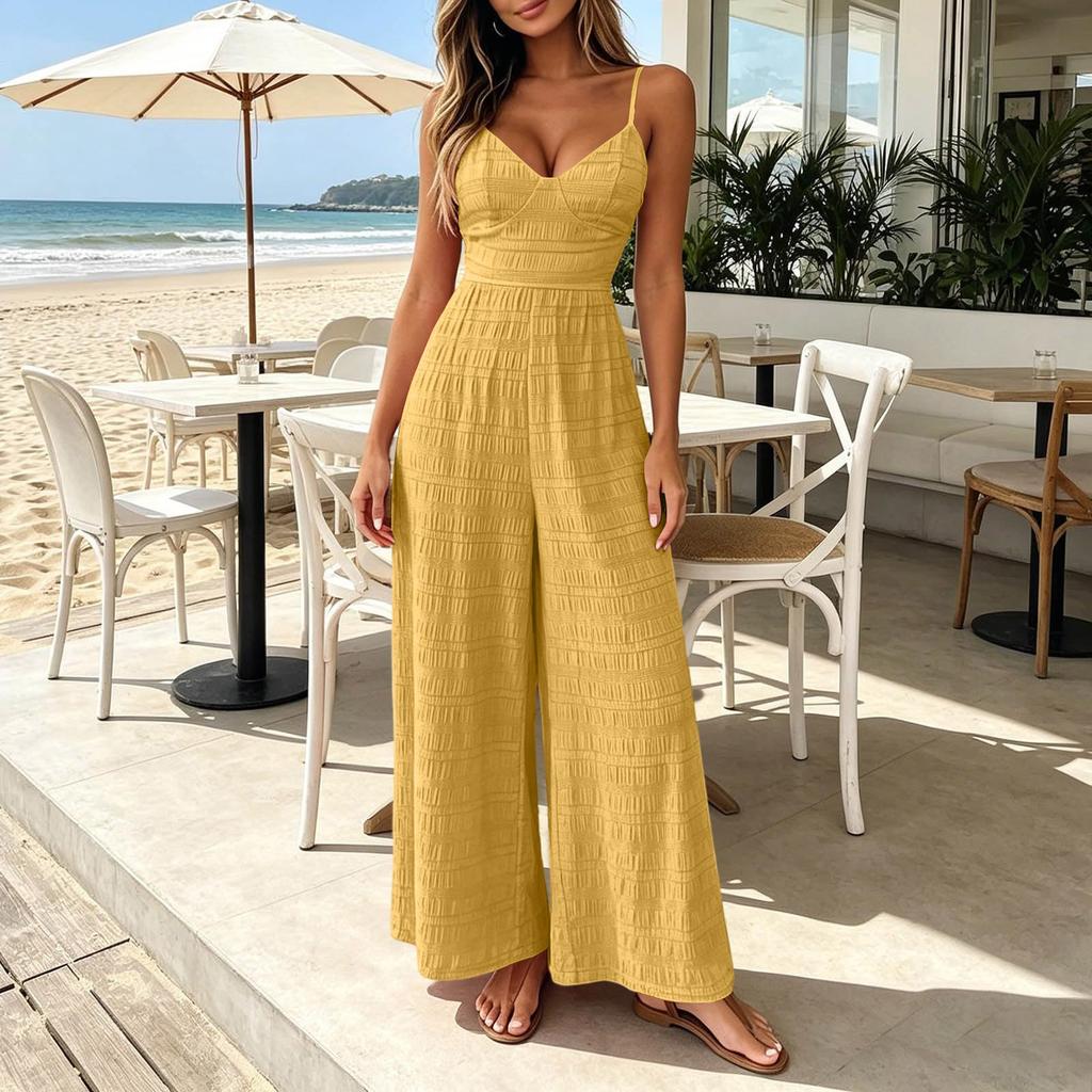 Women Sleeveless Spaghetti Strap Boho Wide Leg Party Elegant  Jumpsuit For