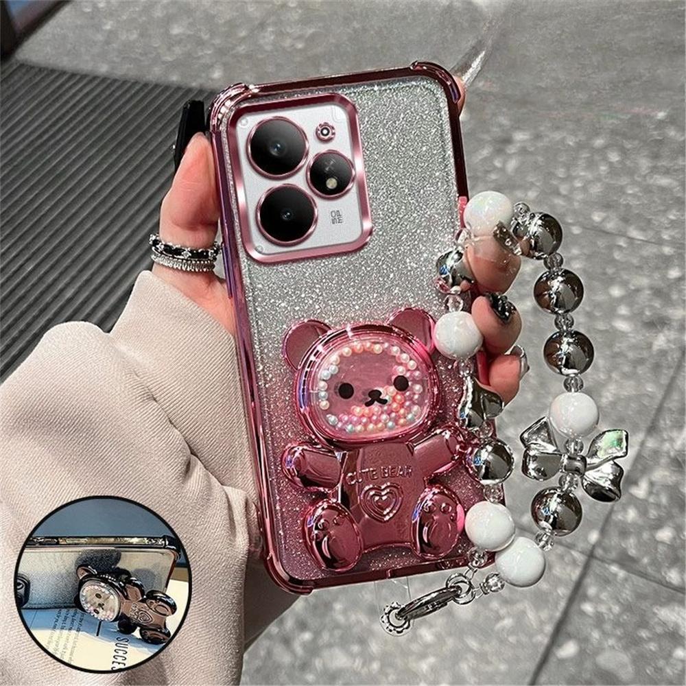 Luxury Bow Strap Bear Phone Holder Case For Honor 400 Pro Smart 200 Lite 300 100 90 80 70 60 50 Glitter Shockproof Stand Cover