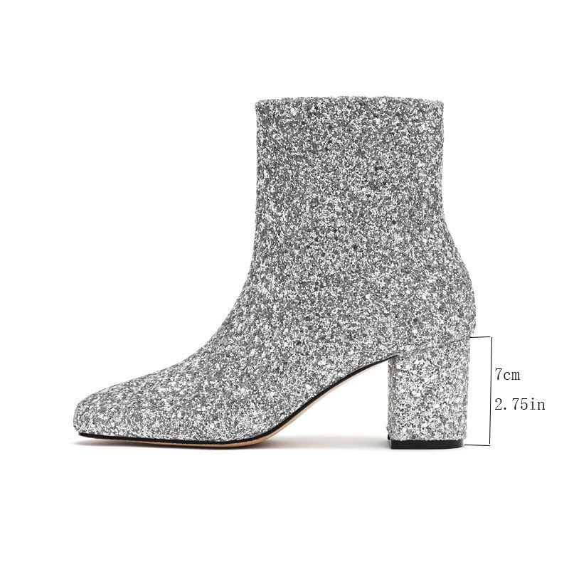Women's Short Boots Autumn and Winter Grit Metal Sequins Women's and Ankle Boots Gold Silver Coarse Heel High Heel Square Head Women's Short Boots