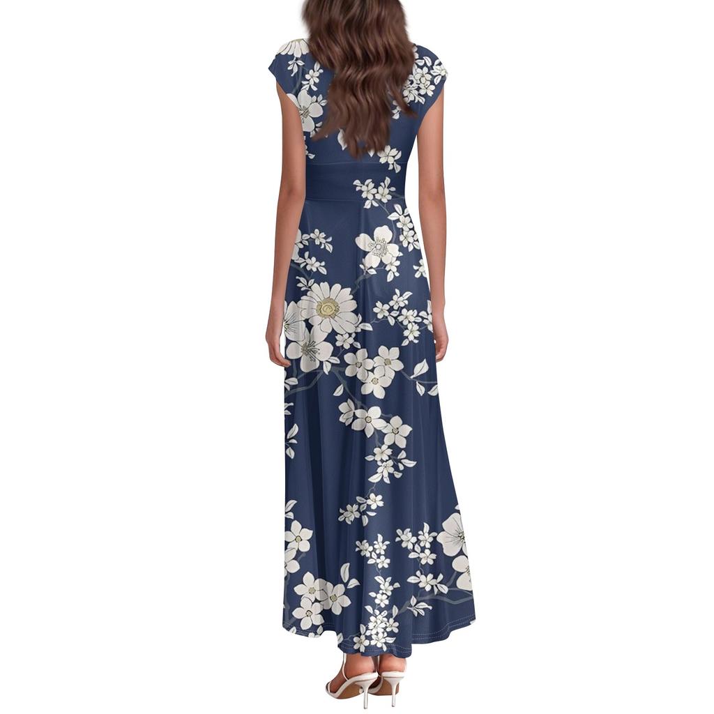 Women's Summer Casual Fashion Floral Print Dress V-Neck Short Sleeve Dresses