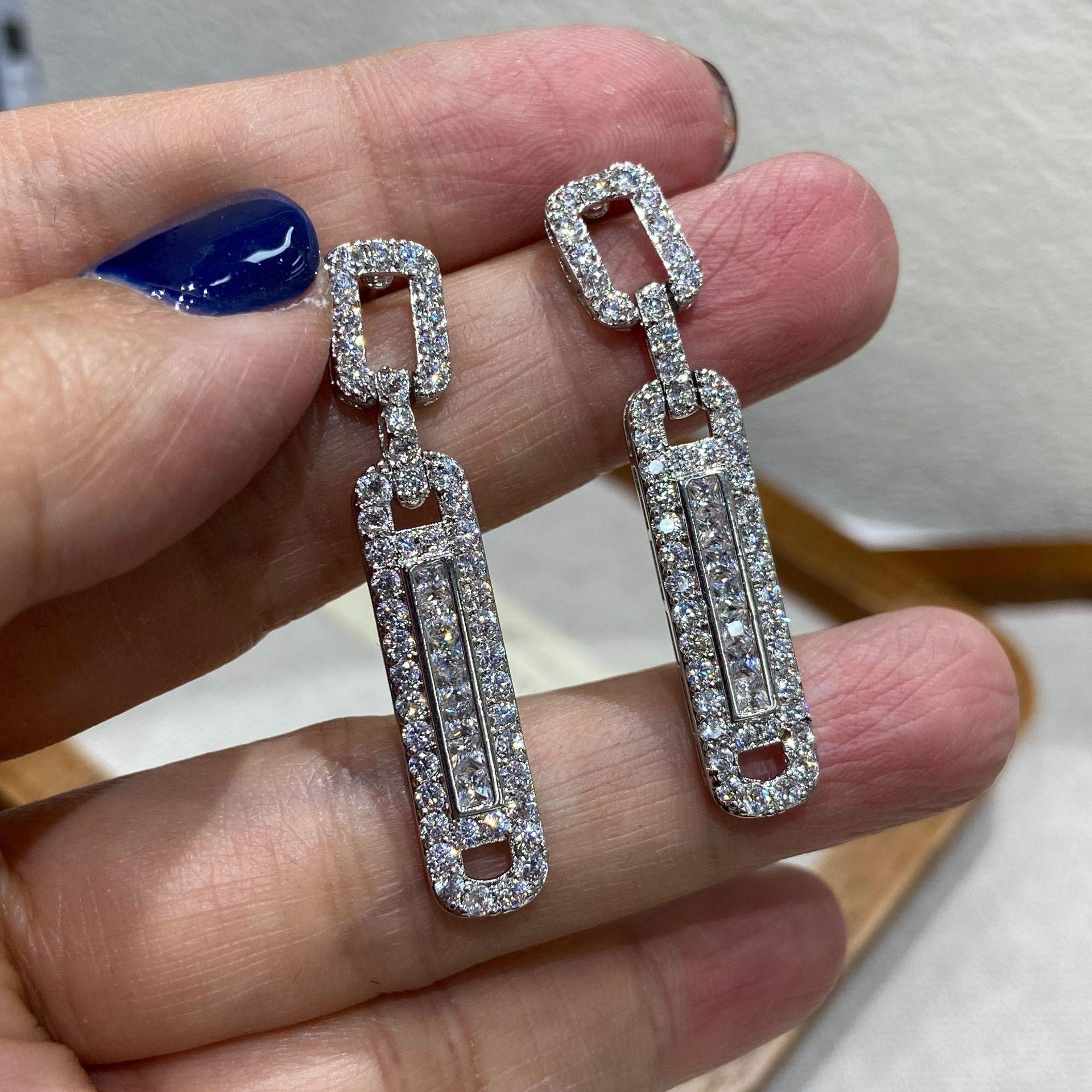 

European Style Simple Full Diamond Rectangular Earrings Geometric Rectangular Strip Fringed Earrings Retro Temperament Earrings