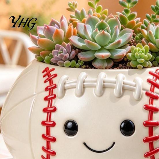 Creative Garden Ornament Rugby Ball Succulent Planter, Resin Small Flower Pot with Feet, Weatherproof Decor Cute Smiling Plant for Indoor Outdoor Home