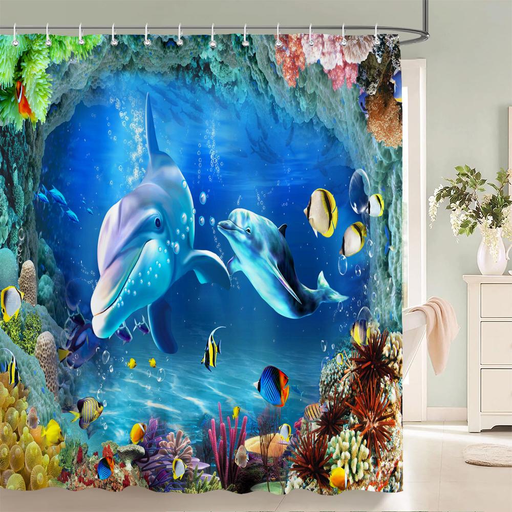 Lovely Dolphin Cartoons Shower Curtains Waterproof Bathroom Curtain 3D Marine Life With Hooks Large Size 240*180Cm Bath Screen