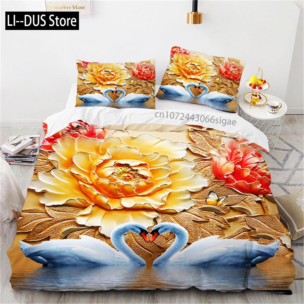 Romantic Swan Duvet Cover Microfiber Flower Bedding Set Quilt Cover Extra Large Twin For Lovers Bedroom Romantic Decoration