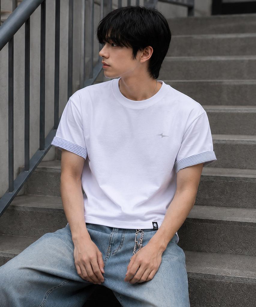 GHOST REPUBLIC Crop Stripe Color Block Roll-Up Short Sleeve T-Shirt Gt-392_White
