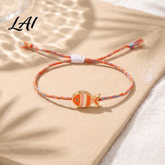 Colorful Striped Rope Bracelet Small Fish Handmade Braided Bracelet Boho Cute Woven Summer Beach Wrist Accessories String Adjustable Wristband