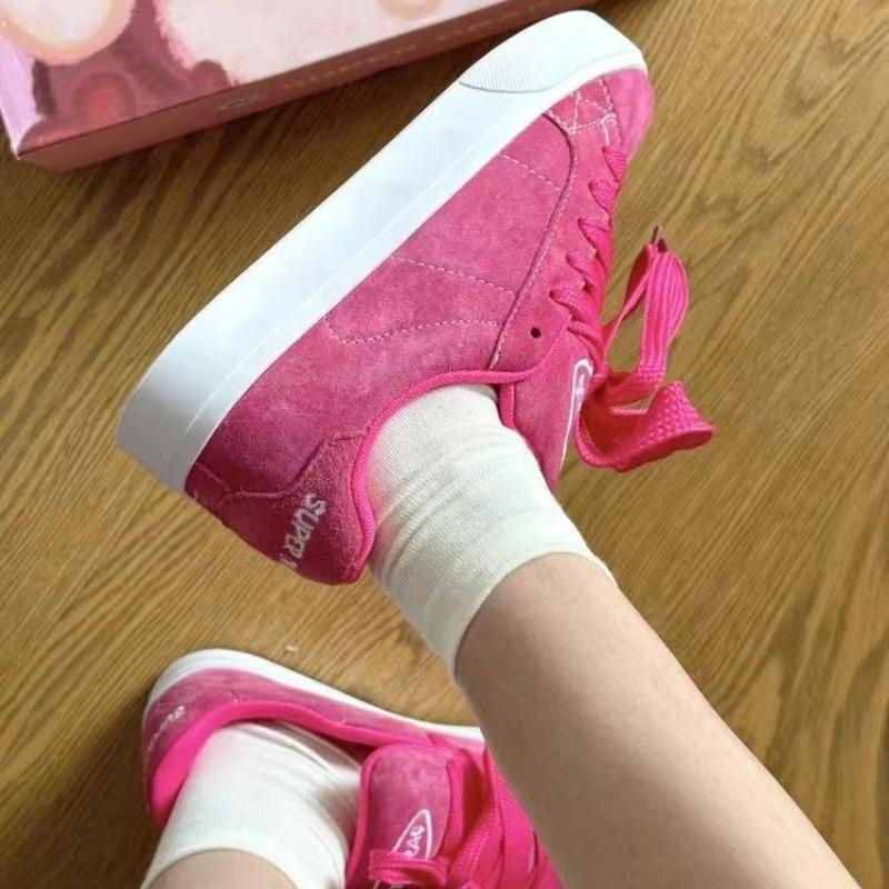 Women Rose Red Trendy Sneakers Pure Color Lace-up Thick-soled Casual Shoes Round Toe Women Board Shoes Non-slip Women Shoes
