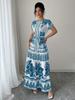 Blue and White Floral Print Short Sleeve Midi Dress with Tie Belt