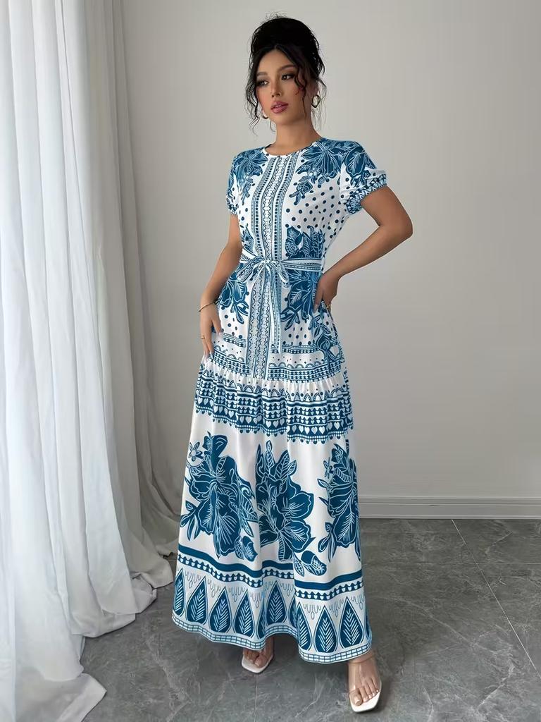 Blue and White Floral Print Short Sleeve Midi Dress with Tie Belt