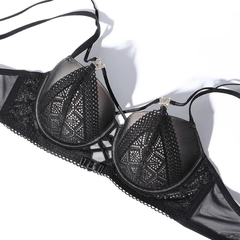 Set reggiseno push-up sexy cavo Set classico con fasciatura regolabile con cinturino alla caviglia Set intimo donna moda reggiseno in pizzo nero tentazione