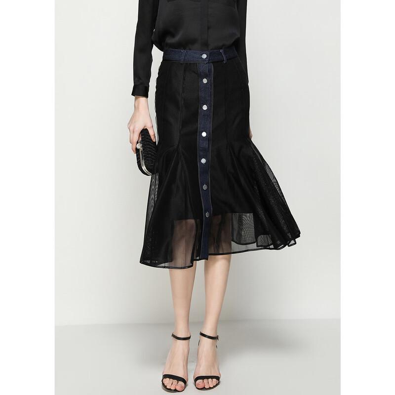 Bailuyu Fashion Mesh Denim Patchwork Pleated A-line Skirt S