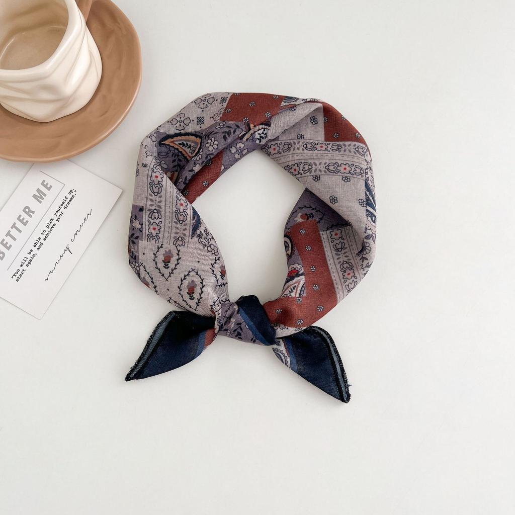 Japanese retro literary and artistic style 18 cotton and linen cashew flower silk scarf thin square scarf high-end fashion versatile accessories scarf
