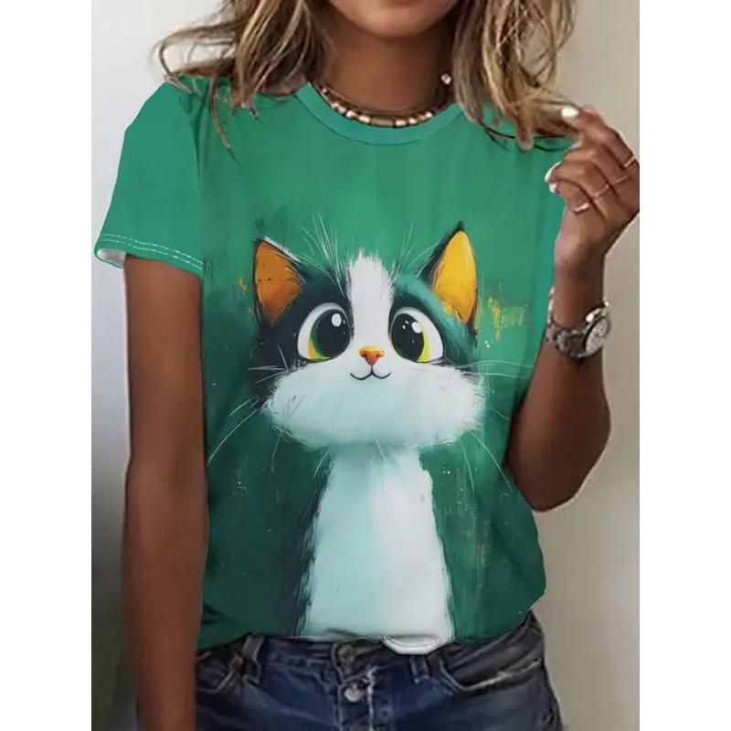 Sommer Rund Hals 3D Dyreprint Topp Moteable Casual Kortarmet Dame T-skjorter