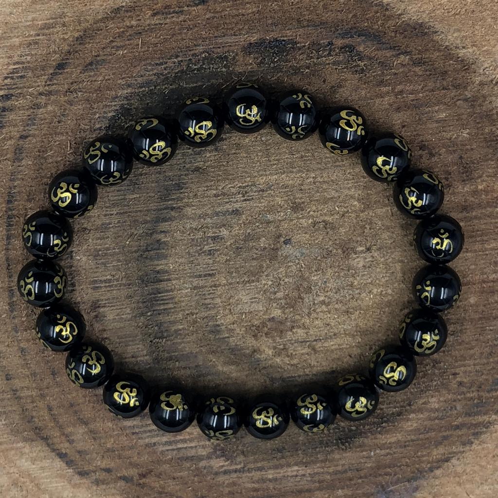 8mm Natürlicher Schwarzer Onyx OM Edelstein Perlen Armband 7.5" Runde OM Perlen Schmuck Geschenk Für Sie/Ihn RBB-20