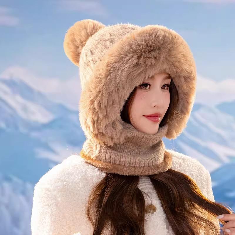 Women's Acrylic Knit Hooded Scarf - Multifunctional Fall/Winter Headwear with Integrated Face Cover for Outdoor Cycling and Skiing