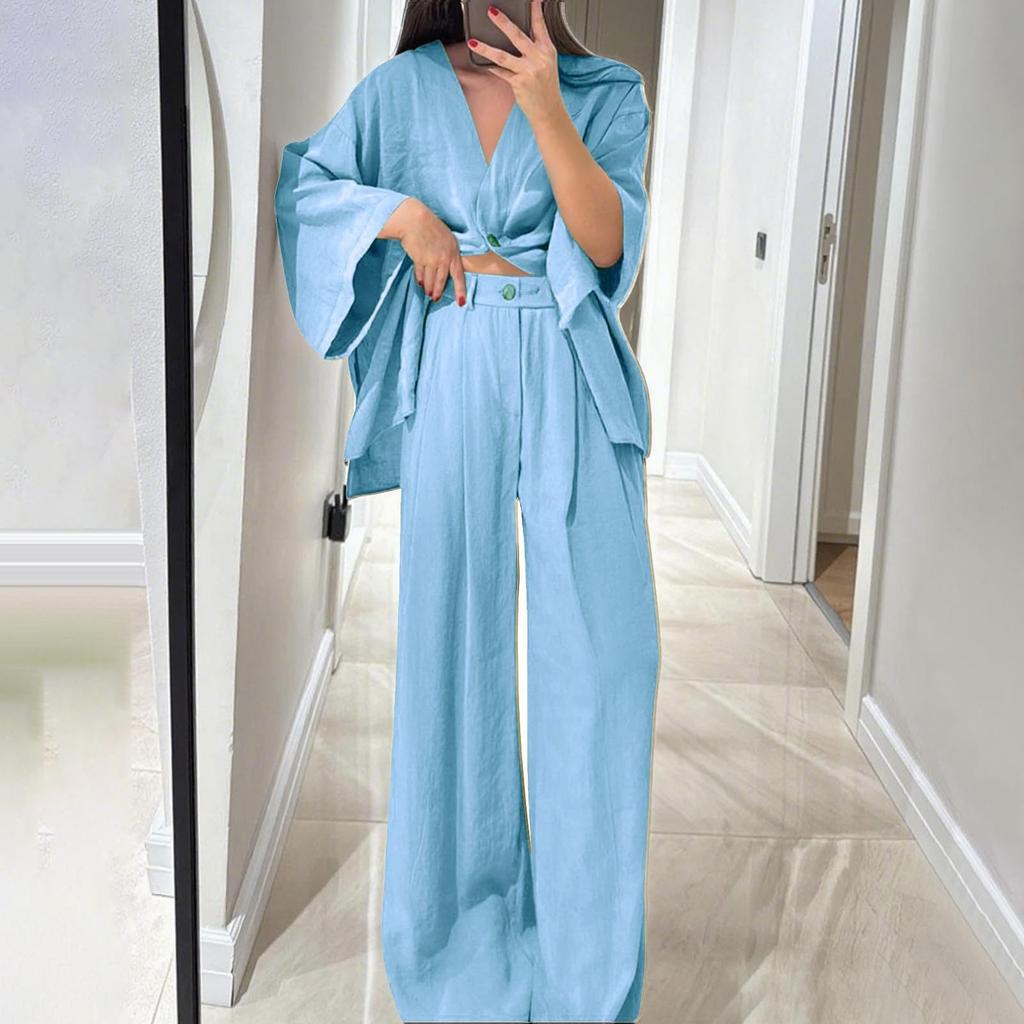 Two Piece Outfits For Women V Neck Button Down Shirt Top And Wide Leg Pants Set Loose Sweatsuits