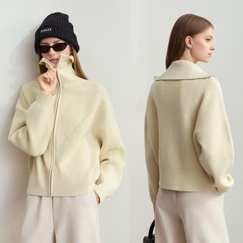 

Western Style New Fashion Lapel Zip-up Long sleeve Knit cardigan Sweater Outerwear Loose Knit Sweater Meters apricot All yards