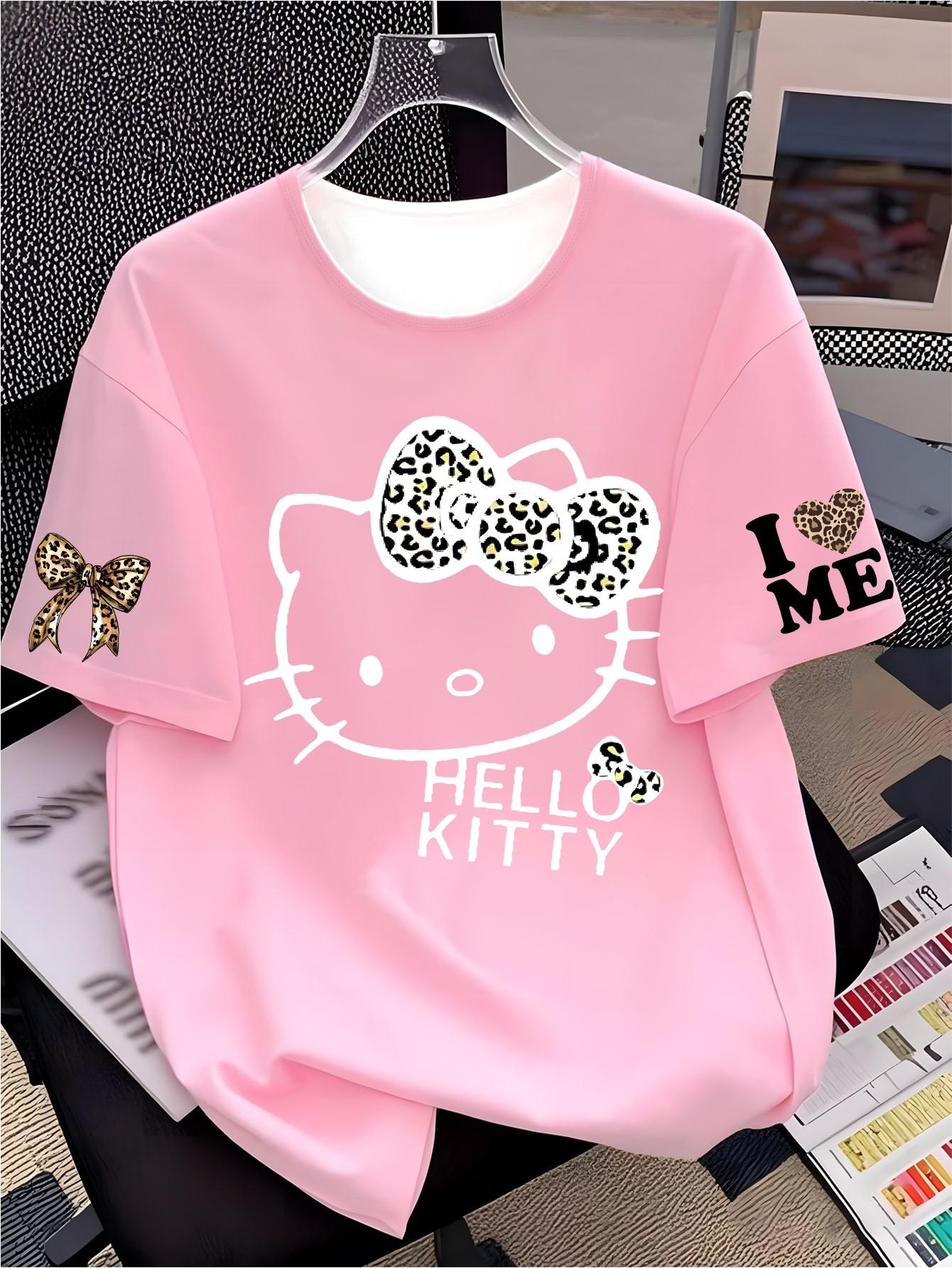 

Hello Kitty Printed Leopard Print Womens Shortsleeved Tshirt Suitable for Wearing in Summer 2026 Comfortable Tshirt S