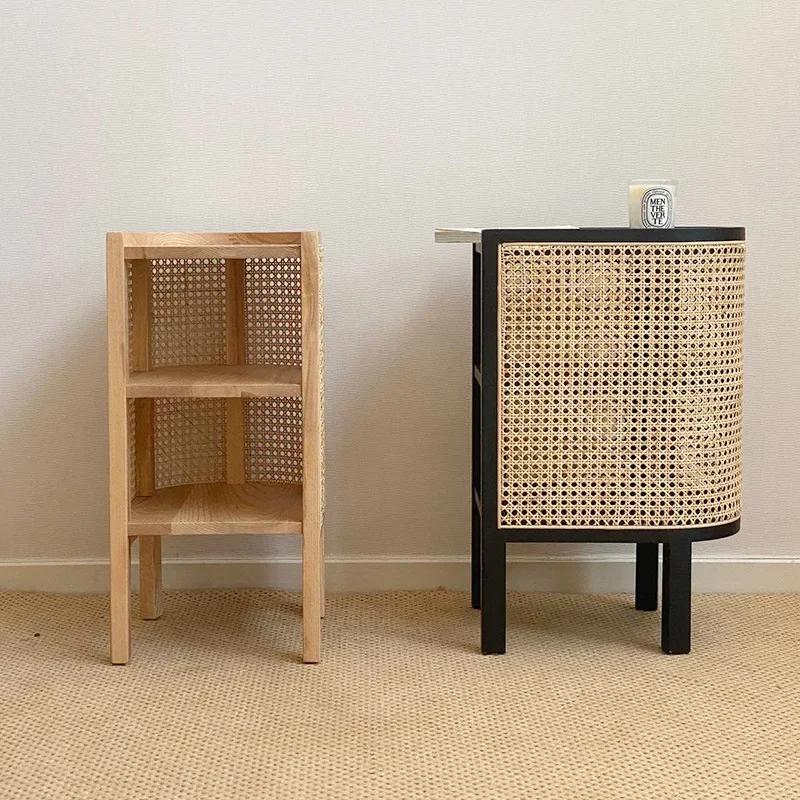 Stolik Nocny Vintage Szafki Nocne Rattanowe Drewno Stolik Nocny na Herbatę Kawę Szafki Nocne Półki Meble do Sypialni