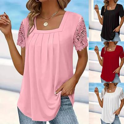 S-5XL Größe Elegantes Plissee-T-Shirt mit quadratischem Ausschnitt und Spitzenaufdruck für Damen, einfarbig, kurzärmelig, Sommer-T-Shirt für Pendler, lässig, lockere Oberteile