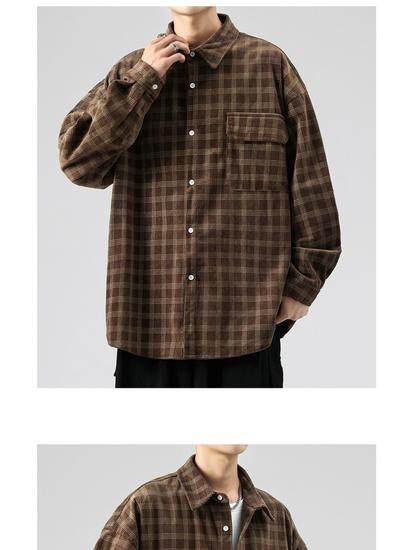 Men's Long Sleeve Corduroy Shirt - Japanese Retro Plaid Jacket for Spring & Autumn