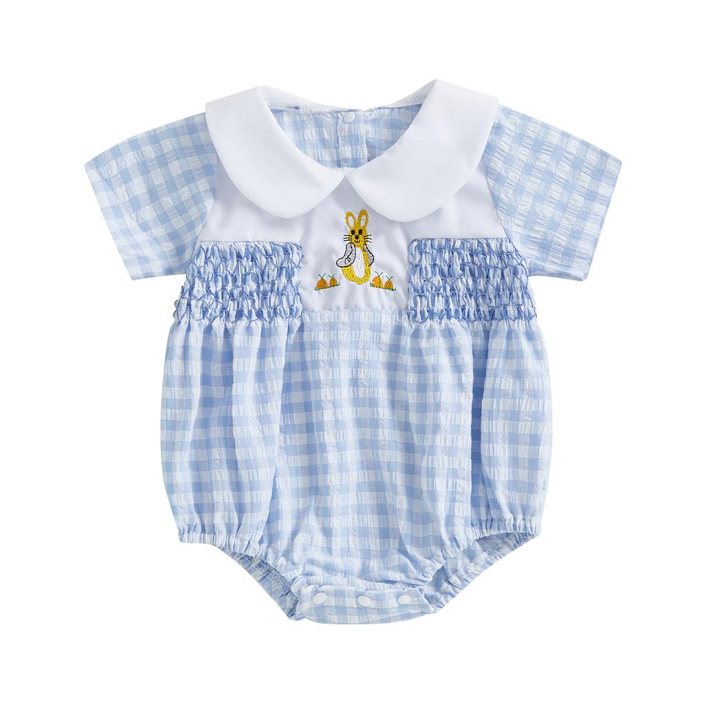 Baby Mädchen Strampler Osterkleidung Hasenstickerei Karomuster Puppenkragen Kurzarm Säuglingsbodys Jumpsuits