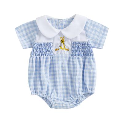 Baby Girls Rompers Easter Clothes Rabbit Embroidery Plaid Doll Collar Short Sleeve Infant Bodysuits Jumpsuits