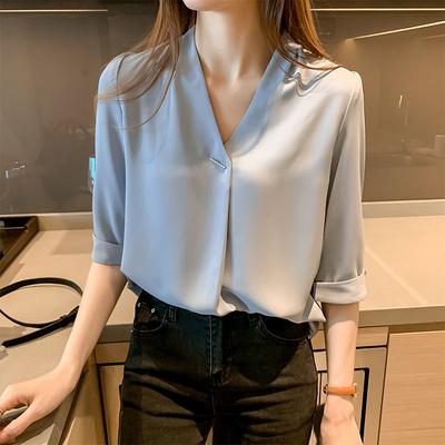 Sommer Chiffon Bluse V-Ausschnitt Lockerer Schnitt Koreanischer Stil Schlankmachendes Oberteil Lässig Elegant Basic Hemd