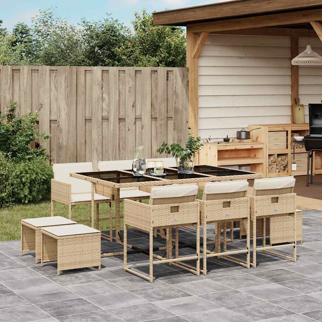 Vidaxl 11-Cz. Garden Furniture Set With Cushions, Beige, Poly Rattan