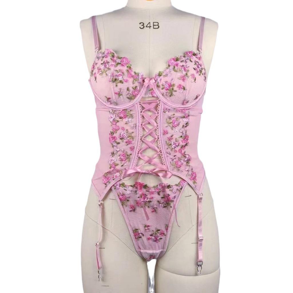 Sex Underwear Sexy Ultra-thin Floral Lace Strap Big Chest Small Slim Thong Set