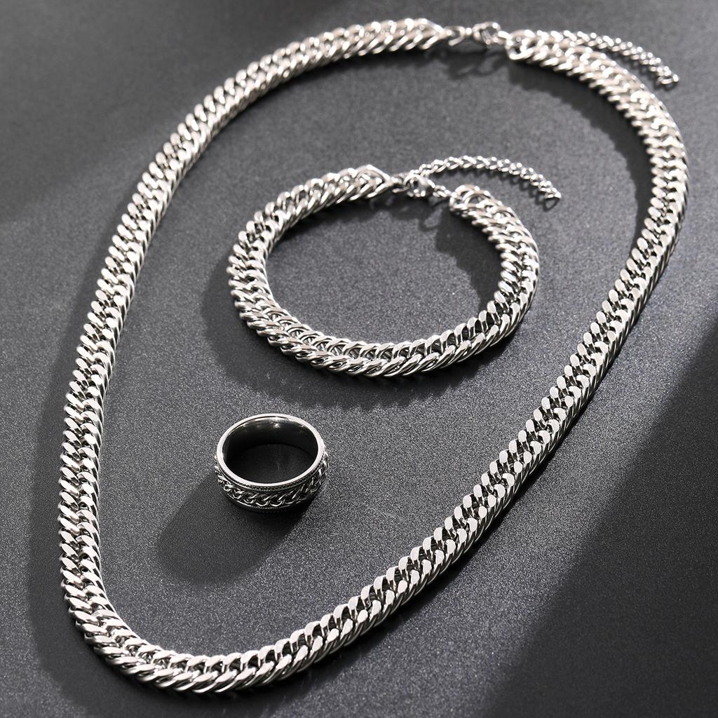 Trendy Stainless Steel Cuban Chain Bracelet Necklace Ring Set For Men Women Minimalist Silver Color Hip Hop Party Jewelry Sets
