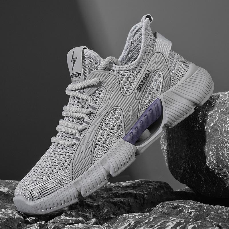 Solid color sports shoes men's summer mesh cloth surface fly-woven breathable youth non-slip comfortable jogging shoes outdoor men's shoes