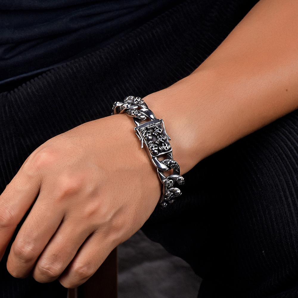 Men's Cast 316l Stainless Steel Skull Link Bracelet Man Punk Gothic Skeleton Head Wristband Biker Rock Chain Jewelry Accessories